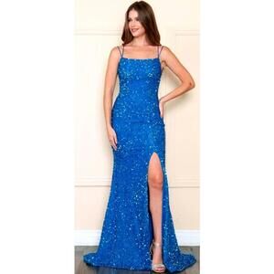 Aqua Blue Sequin Evening Gown with Open Back and Tie Detail Size 10
